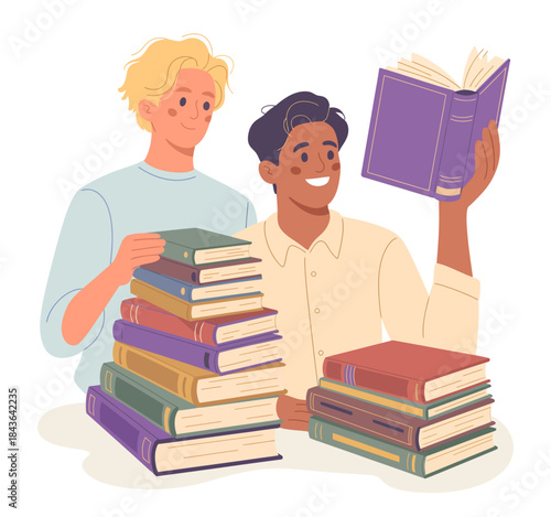 In this lively image, two friends enthusiastically engage with a stack of books, symbolizing the pursuit of knowledge, friendship, and the joy of learning together.