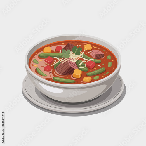 A comforting bowl of vegetable soup, filled with colorful ingredients and hearty pieces, showcases the essence of warmth and nourishment, perfect for any meal.