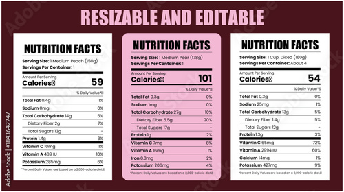Resizable and editable nutrition facts templates, food nutrition labels, healthy eating facts, nutrition fact.