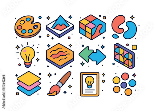 Colorful Artistic Icons Grid. artistic synthesis. Colorful isome