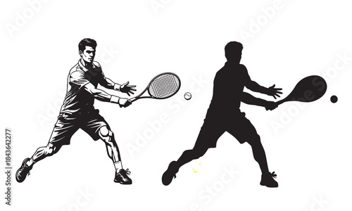 Tennis player silhouettes hitting ball, action sport graphic