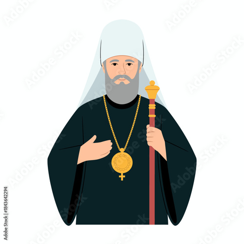 A dignified religious figure dressed in traditional attire holding a staff, representing spirituality, authority, and cultural heritage in a striking visual format.