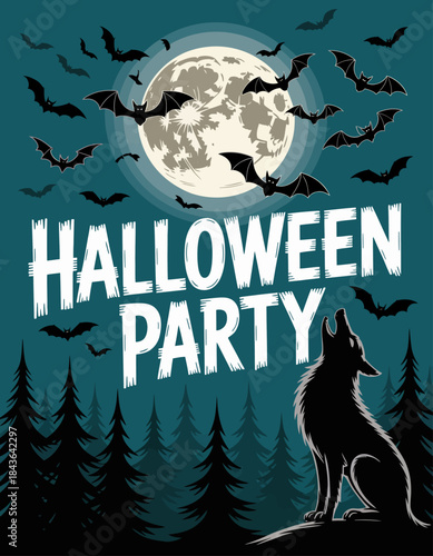 A spooky Halloween party scene with bats flying in front of a full moon and a silhouetted wolf, setting a mysterious and festive atmosphere for Halloween celebrations.