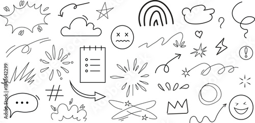 Emoji media hand drawn doodle icon set.