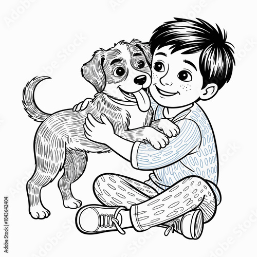 A cheerful boy hugs his playful dog in a delightful scene, representing companionship, love, and joy, capturing the essence of childhood and the bond between humans and pets.