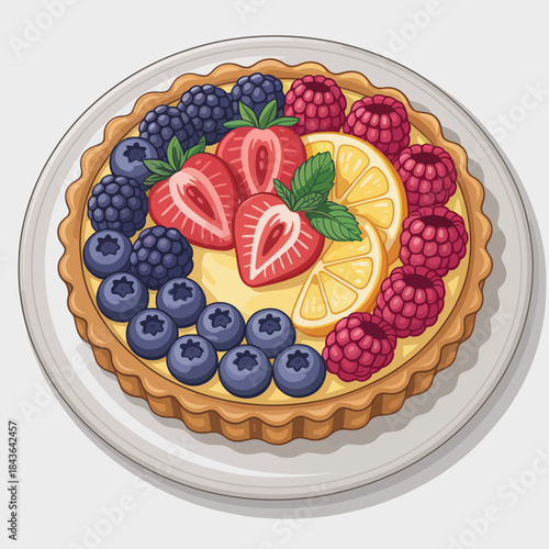 A beautifully arranged fruit tart showcases vibrant berries and citrus fruits, enticing viewers with its colorful presentation, representing culinary artistry and indulgence.