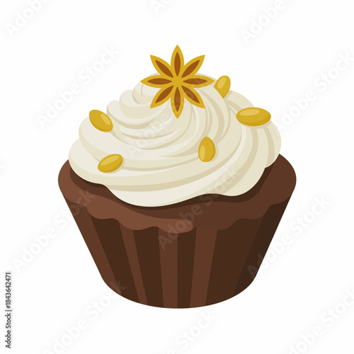 An appetizing cupcake topped with smooth cream and adorned with a star-shaped garnish, presenting a delightful treat that embodies indulgence, sweetness, and culinary creativity.
