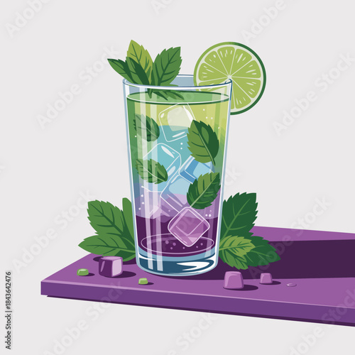 A tantalizing glass of refreshing drink filled with mint leaves, lime, and ice, set against a minimalist background perfect for hot summer days and relaxation moments.