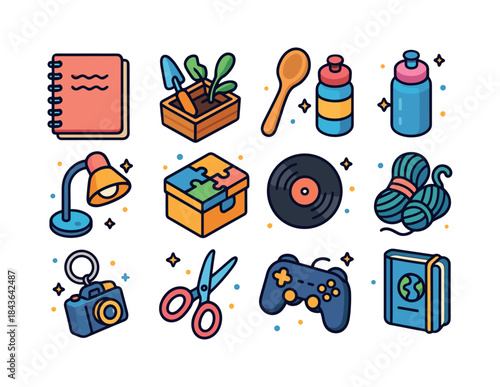 Colorful Hobby Icons. Personal hobbies gifts. Colorful isometric