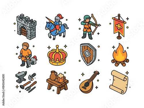 Medieval Icon Set. Medieval reenactment. Colorful isometric vect
