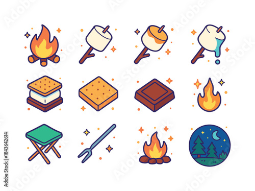 Isometric Marshmallow Icons. roasting marshmallows. Colorful iso