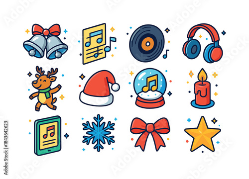 Festive Music Icons. Jingle bell songs. Colorful isometric vecto