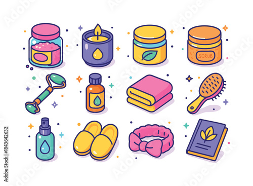 Self-Care Essentials Icons. Self-care essentials. Colorful isome