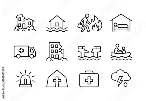 Crisis Response Icons. Crisis Documentary. Line icon set of Cris