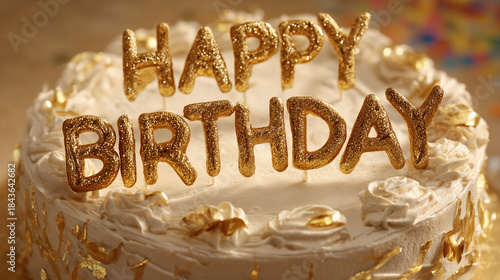 A colorful birthday cake with candles surrounded by balloons and confetti in a festive setting