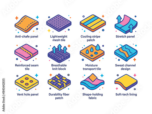 Colorful Fitness Fabric Icons. fitness performance fabrics. Colo