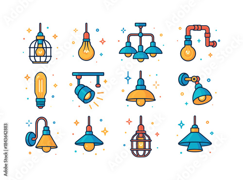 Industrial Lighting Icons. Industrial Lighting. Colorful isometr