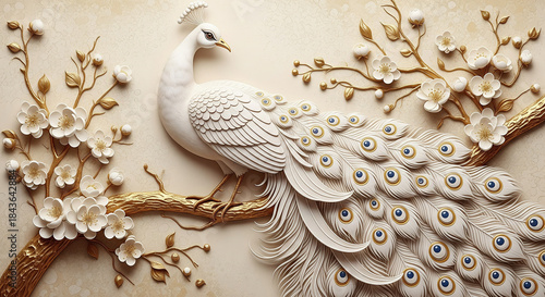 Luxury White Peacock with Golden Floral Embossed Background, 3d mural wallpaper, decorative wall mural style, 3D Floral Wallpaper. © Ma Graphive