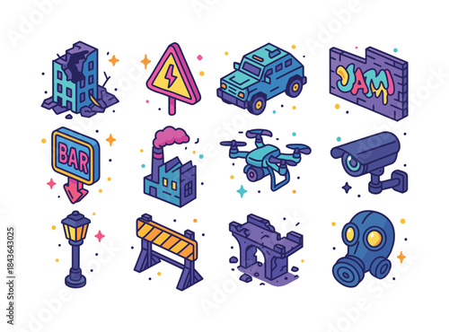 Dystopian City Icons. Dystopian city. Colorful isometric vector