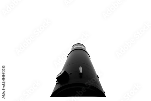 dark cylindrical telescope barrel viewed head on showing the large light gathering aperture, no background svg
