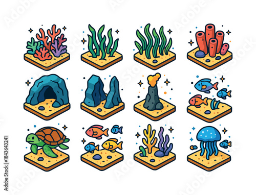 Colorful Underwater Icons. Underwater Habitats. Colorful isometr