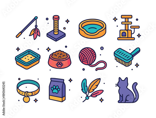 Cat Care Icons. Cat Companionship. Colorful isometric vector ico