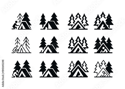 Tent Logo Variations. Setting up a tent. Icon set. Set Logo of s