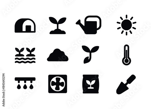 Greenhouse Farming Icons. Greenhouse farming. Solid icon set of
