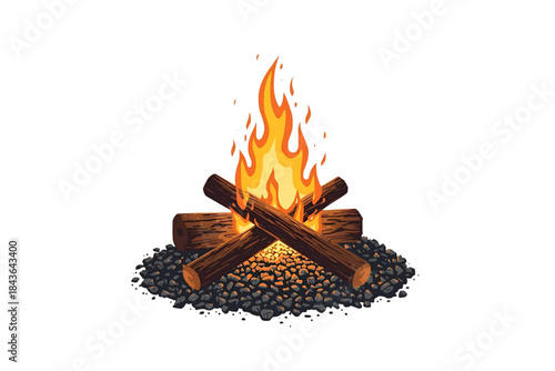 traditional cartoon campfire with bright orange flames and three brown logs on dark gray pebbles, no background svg