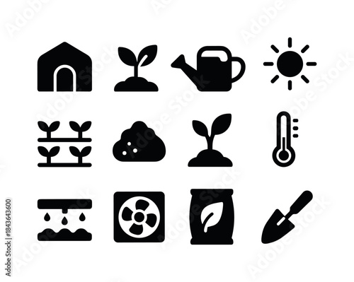 Greenhouse Farming Icons. Greenhouse farming. Solid icon set of