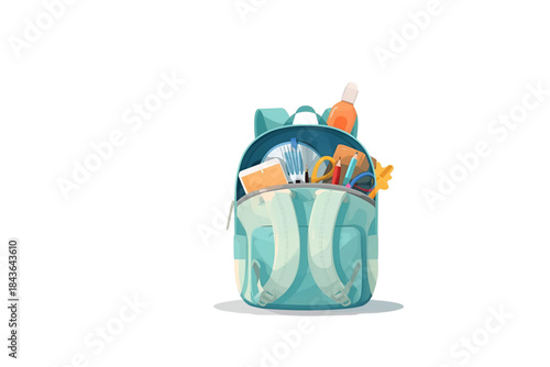 cartoon style light blue and mint green school bag overflowing with learning tools, no background svg