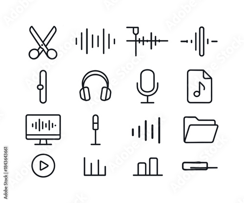 Audio Editing Icon Set. Audio News Editing. Line icon set of Aud