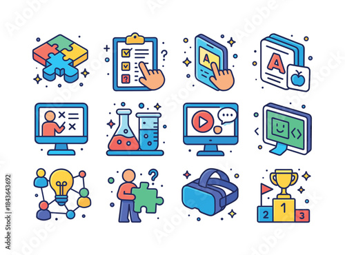 Interactive Learning Icons. Interactive learning. Colorful isome