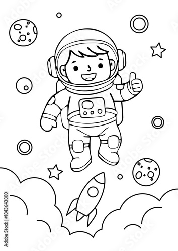 A delightful, easy to color printable worksheet featuring a happy astronaut floating in space with planets and a rocket