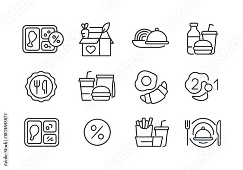 Meal Deal Icon Set. Meal deals. Line icon set of Meal deals: rea