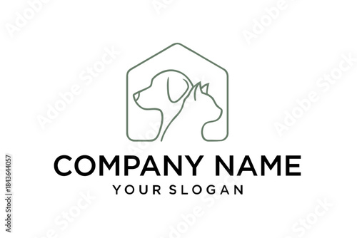 Minimalist Line Art Pet Logo featuring Dog and Cat in House Shape for Veterinary Clinic or Animal Care Business