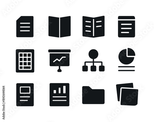 Printed Aids Icon Set. Handouts and printed aids. Solid icon set