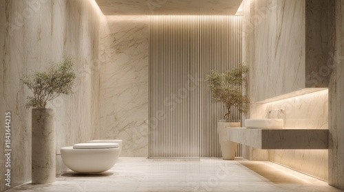 Luxurious Modern Spa Bathroom Interior with Seamless Beige Marble Walls, Minimalist Wooden Slats, Hidden LED Lighting, and Contemporary White Fixtures for High-End Real Estate