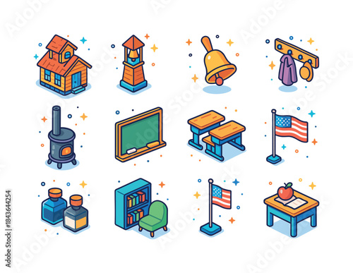 Colorful Schoolhouse Icons. One-room schoolhouse. Colorful isome