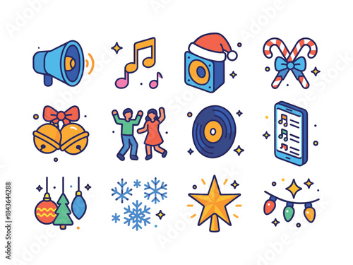 Festive Icons Collection. Festive tunes. Colorful isometric vect
