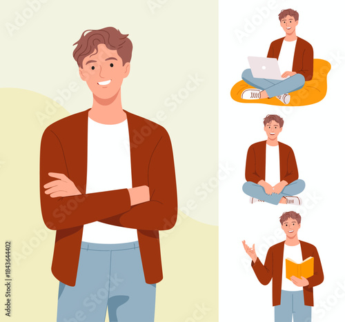 A cheerful young man is depicted engaging in various activities such as reading, working on a laptop, and expressing ideas while showing versatility in personality and lifestyle.