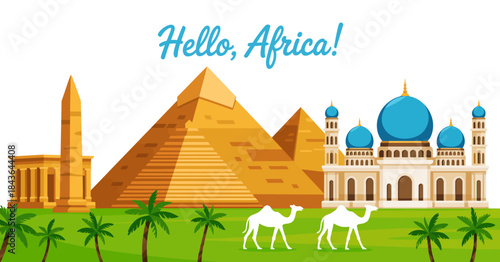 A vibrant depiction of Africa featuring the iconic pyramids with camels in the foreground and a beautiful mosque, symbolizing the rich cultural heritage of the continent.