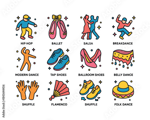Colorful Dance Icons. Dance styles. Colorful isometric vector ic