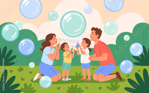 This vibrant illustration captures a wholesome family moment as parents and children joyfully blow soap bubbles together, embodying love, fun, and togetherness in nature.