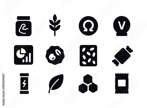 Functional Nutrition Icons. Functional nutrition snacks. Solid i