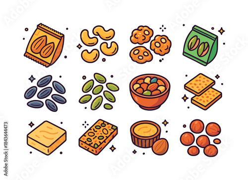 Colorful Nut Snack Icons. Nut and seed snacks. Colorful isometri