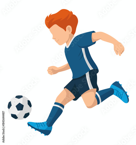 This energetic illustration captures a young boy in mid-action, skillfully kicking a soccer ball, embodying the spirit of playfulness and sportsmanship.
