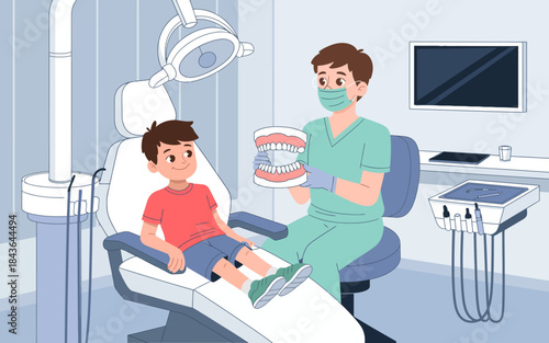 An illustration depicts a child sitting in a dentist's chair while a friendly dentist explains dental care using a model, making dental visits less intimidating for kids.