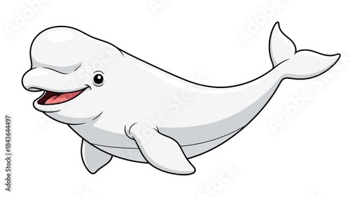 Cute Cartoon White Beluga Whale Swimming Isolated on White Background Vector Illustration