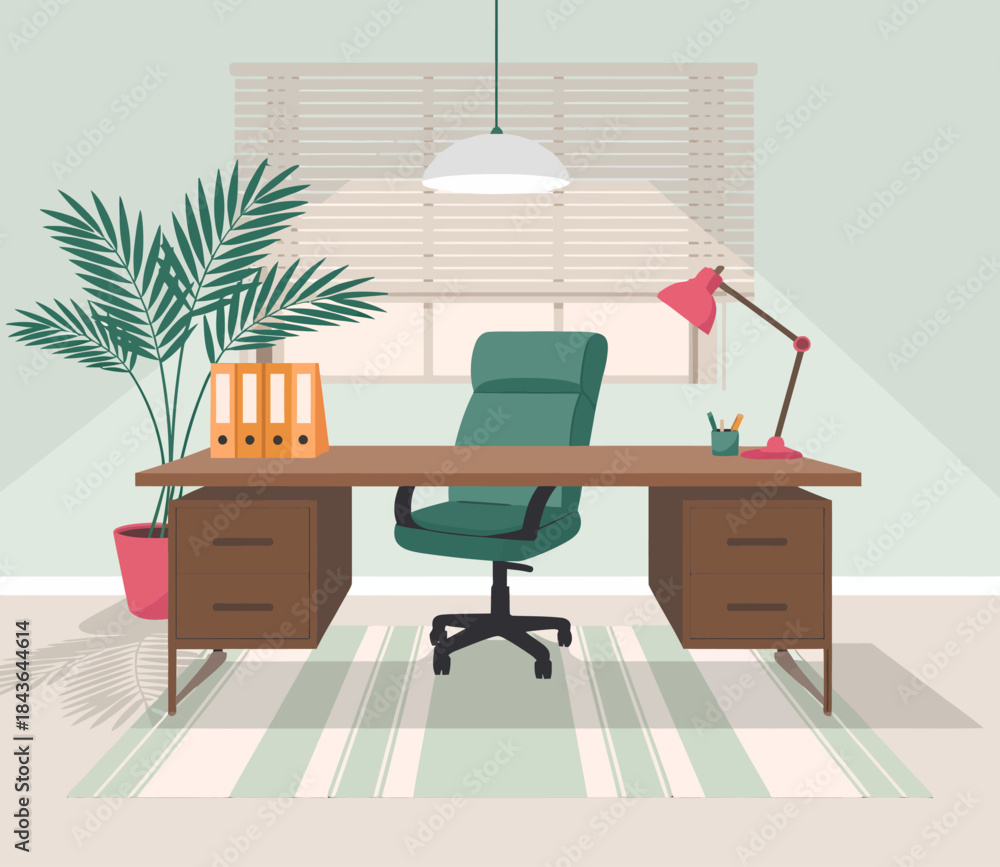 Fototapeta premium A clean and stylish home office setup featuring a green chair, wooden desk, and potted plant, emphasizing minimalism and productivity in a serene environment.